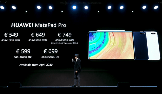 El Huawei MatePad Pro con conectividad Wi-Fi está disponible a partir de 549 euros, mientras la versión 4G LTE lo estará desde 599 euros.