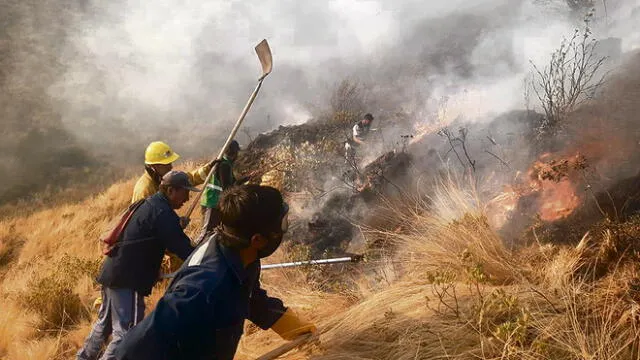ardua labor. Brigadas y comuneros de Cusco realizan donados esfuerzos para controlar el incendio forestal.