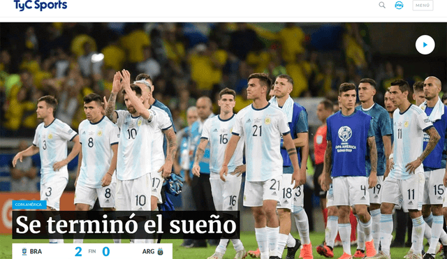 Prensa argentina reaccionó tras la eliminación de su selección ante Brasil en la Copa América 2019. | Foto: TyC Sports