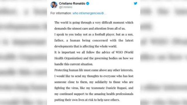 Cristiano Ronaldo tras abandonar Italia por el coronavirus: “Proteger la vida humana está por encima de cualquier otro interés”  