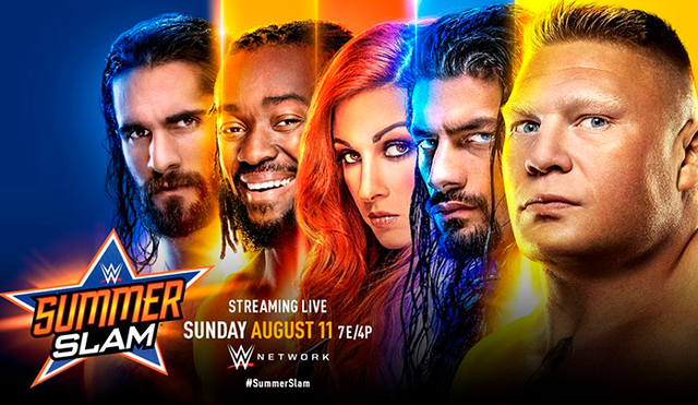 Brock Lesnar, Seth Rollins, Becky Lynch, Roman Reigns y Kofi Kingston en el poster oficial del evento. Créditos: WWE