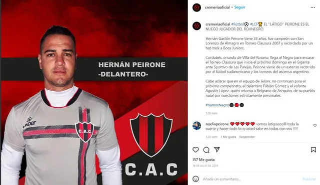 Hernán Peirone siendo presentado en el . Foto: Instagram cremeriaoficial