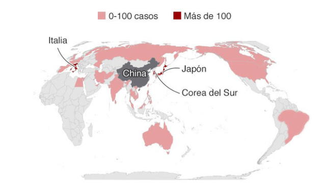 Mapa de los países donde el coronavirus está presente. Foto: BBC.