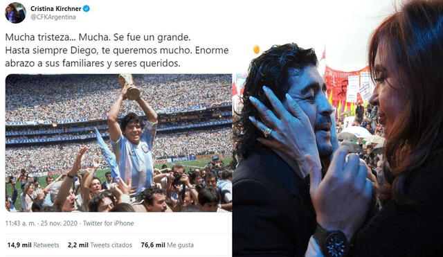 Cristina Fenández dedica mensaje a Maradona en sus redes sociales. Foto: Composición LR