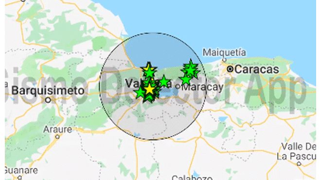 Mapa de Venezuela con la ubicación del temblor. Foto: captura de pantalla de Sismo Detector.