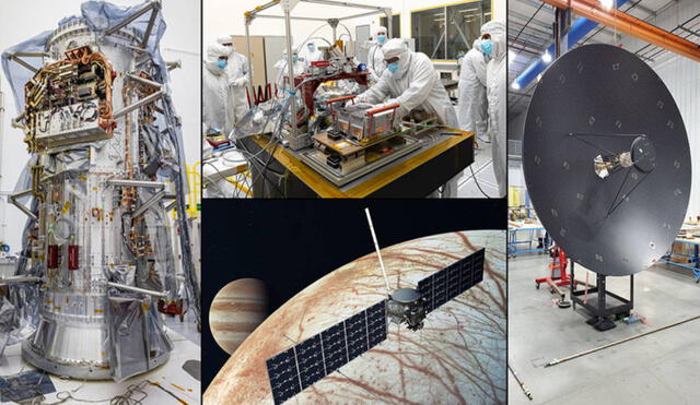Desde la izquierda: el módulo de propulsión del Europa Clipper de la NASA, el espectrógrafo ultravioleta (llamado Europa-UVS), la antena de alta ganancia y una ilustración de la nave espacial. Foto: NASA / JPL-Caltech / Johns Hopkins APL