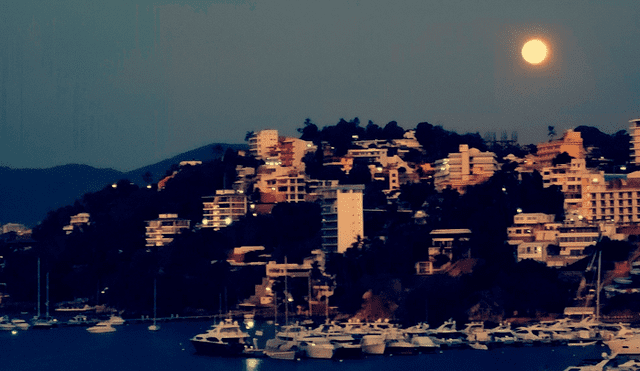 El puerto de Acapulco bajo la luz de la superluna rosa. Foto: FFM