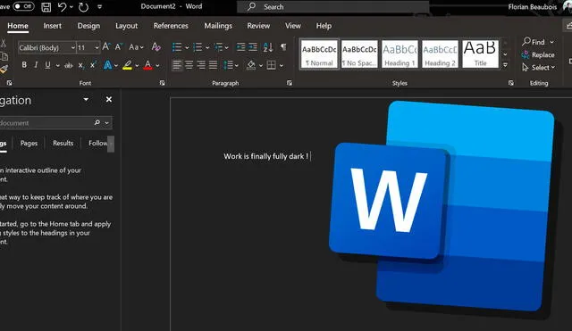 El nuevo modo oscuro de Microsoft Word permitiría tener una hoja completamente opaca, así como casi todo elemento de la interfaz. Foto: Twitter