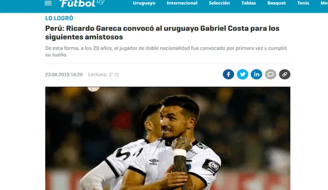 Así informó la prensa uruguaya sobre la convocatoria de Gabriel Costa a la selección peruana.