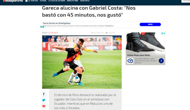 Debut de Gabriel Costa con la selección peruana fue noticia en Chile.