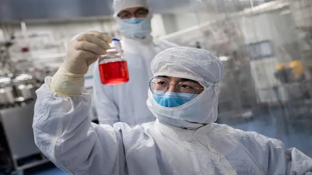 In this picture taken on April 29, 2020, an engineer looks at monkey kidney cells as he make a test on an experimental vaccine for the COVID-19 coronavirus inside the Cells Culture Room laboratory at the Sinovac Biotech facilities in Beijing. - Sinovac Biotech, which is conducting one of the four clinical trials that have been authorised in China, has claimed great progress in its research and promising results among monkeys. (Photo by NICOLAS ASFOURI / AFP) / TO GO WITH Health-virus-China-vaccine,FOCUS by Patrick Baert