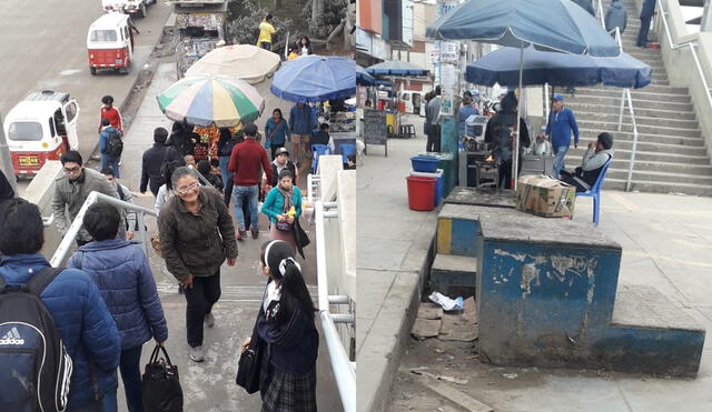 Ambulantes han instalado sus puestos de venta a pocos centímetros de la vía peatonal.