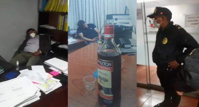 Las Policía encontró botellas de licor y a funcionarios durmiendo en oficinas. Foto: Captura video.