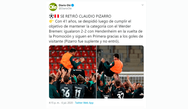 Claudio Pizarro recibe homenaje de prensa internacional tras retirarse del fútbol.