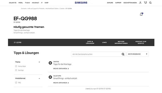 Página de soporte oficial de Samsung con un accesorio que correspondería al Galaxy S20 Ultra.