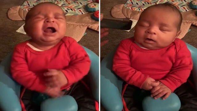 Desliza para descubrir la reacción del bebé a un audio de él mismo llorando. Fotos: Facebook.