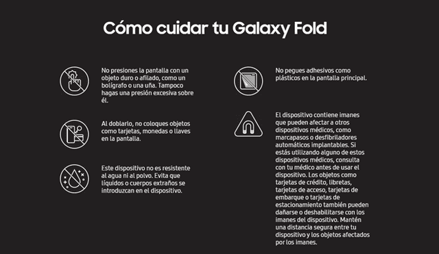 Samsung Galaxy Fold Advertencias de uso