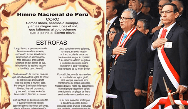 El presidente del Poder Judicial, Jose Luis Lecaros y el presidente de la República, Martín Vizcarra, cantando el Himno Nacional en la parada militar del 2019. (Foto: composición Red Viajes / Caretas)