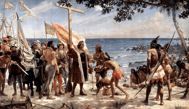 Pintura "Primer homenaje a Colón (12 de octubre de 1492)" de José Garnelo en 1892. La obra muestra el desembarco de Colón al Nuevo Mundo en la isla de Guanahani (Lucayas o Bahamas) y la toma de posesión de los nuevos territorios en nombre de los reyes, el 12 de octubre de 1492. Foto: Museo Naval de España