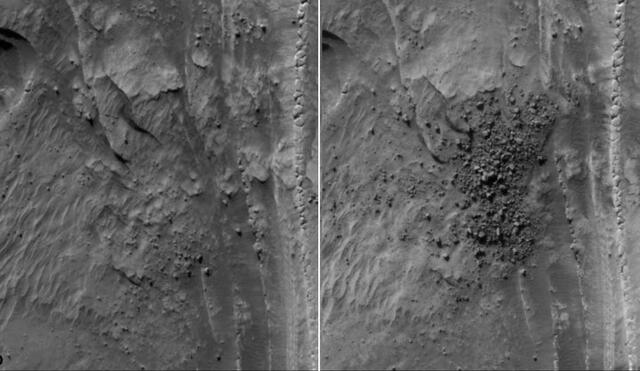 De izquierda a derecha: antes y después de la región del polo norte de Marte captada por la NASA. Crédito: HiRISE.
