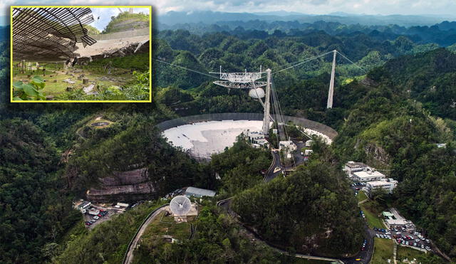 Imagen del radiotelescopio de Arecibo en 2018. En la parte superior izquierda se ve la caída de un cable de 30 metros | Foto: Composición LR /  K.C. Wilsey / AP