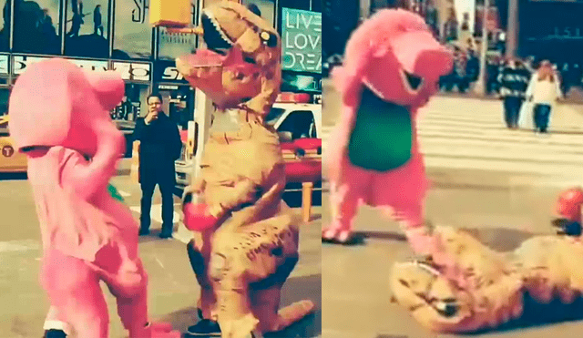 Vía Facebook: Barney y dinosaurio "¡Cállese viejo lesbiano!" tienen duro enfrentamiento [VIDEO]