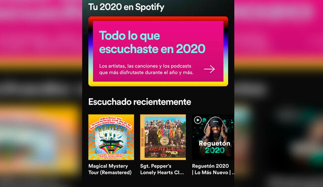 Así luce el nuevo apartado Wrapped de Spotify para 2020, un detallado resumen de lo que más escuchaste en el año. Foto: Captura