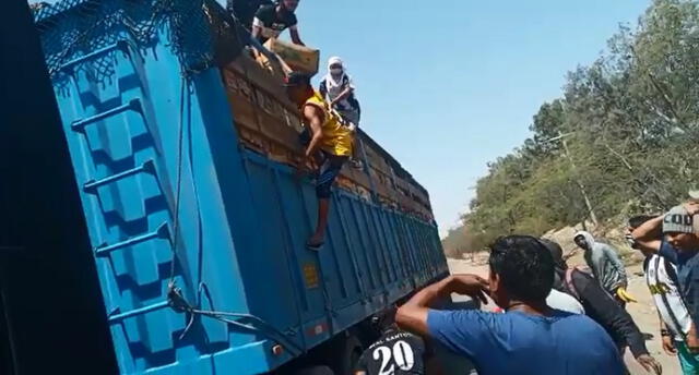 En las imágenes se ve a un grupo de varones saqueando un camión de frutas en la carretera. Foto: Captura video.
