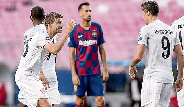 A celebrar. Lewandowski y Muller, piezas claves en el cuadro del Bayern Munich, anotaron y fueron determinantes en la victoria sobre el Barcelona. Foto: EFE.