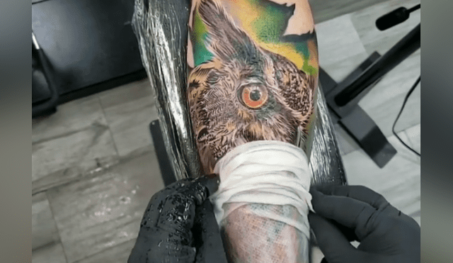 Desliza hacia la izquierda para ver el tatuaje 'ultra realista' que se hizo viral en YouTube de un búho diseñado en el brazo de un joven.