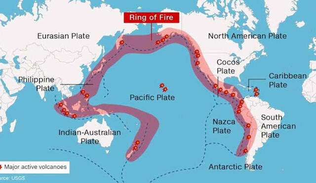 Cinturón de Fuego del Pacífico, también llamado Anillo de Fuego. Crédito: USSG.