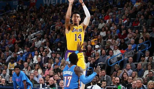 OKLAHOMA CITY, OK- NOVEMBER 22: Danny Green #14 of the Los Angeles Lakers shoots the ball during a game against the Oklahoma City Thunder on November 22, 2019 at Chesapeake Energy Arena in Oklahoma City, Oklahoma. NOTE TO USER: User expressly acknowledges and agrees that, by downloading and or using this photograph, User is consenting to the terms and conditions of the Getty Images License Agreement. Mandatory Copyright Notice: Copyright 2019 NBAE   Zach Beeker/NBAE via Getty Images/AFP