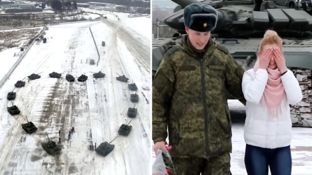Militar ruso le pide matrimonio a su novia con un corazón hecho de tanques [VIDEO]