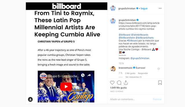 Grupo 5: Billboard incluye a Christian Yaipén en lista de artistas que mantienen viva la cumbia
