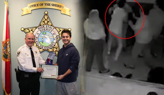 El joven fue reconocido por su valiente accionar en el bar de Florida donde trabajaba. Foto: composición LR/Oficina del Sheriff del Condado de Flagler/captura FOX 35 Orlando