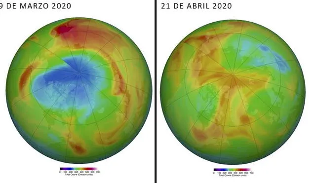 Comparación de los niveles de ozono en el Ártico el día 29 de marzo y 21 de abril de 2020. Fuente: NASA.