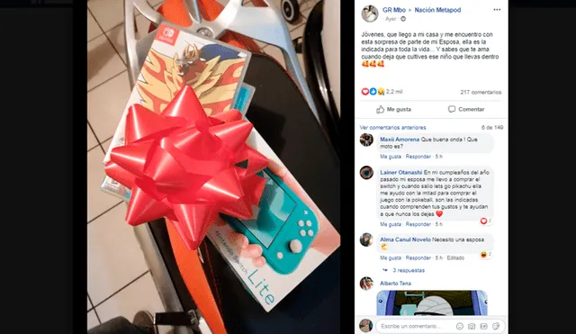 Fan de Pokémon Escudo es sorprendido por su esposa, quien le regaló el videojuego y una Nintendo Switch Lite.