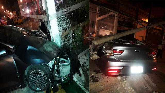 Chimbote: automóvil de policía chocó contra poste y destroza tienda de venta de carros