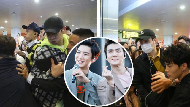 Chanyeol y Sehun en medio de estampida de fans en aeropuerto de Vietnam. Foto: Twitter