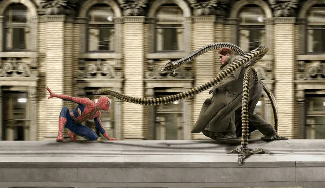 Spiderman y el Doctor Octopus peleando en la segunda película de la saga de Sam Raimi. Foto: EFE/MELISSA MOSELEY.