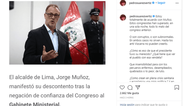Pedro Suárez Vértiz respalda a Jorge Munoz y mostró su desacuerdo por no otorgar el voto de confianza a Pedro Cateriano