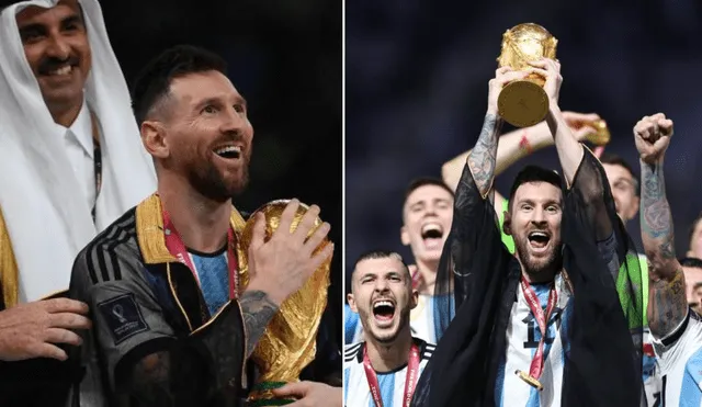 Lionel Messi utilizó la túnica árabe denominada bisht al momento de levantar el trofeo de la Copa del Mundo. Foto: composición LR/AFP/Twitter/@Cris_noticias