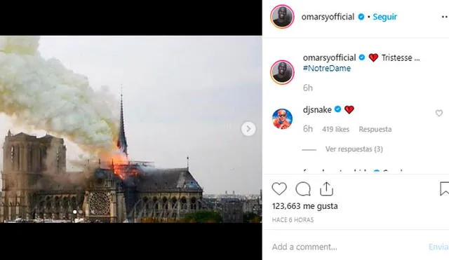 Famosos se lamentan por el incendio en Catedral de Notre Dame [FOTOS]