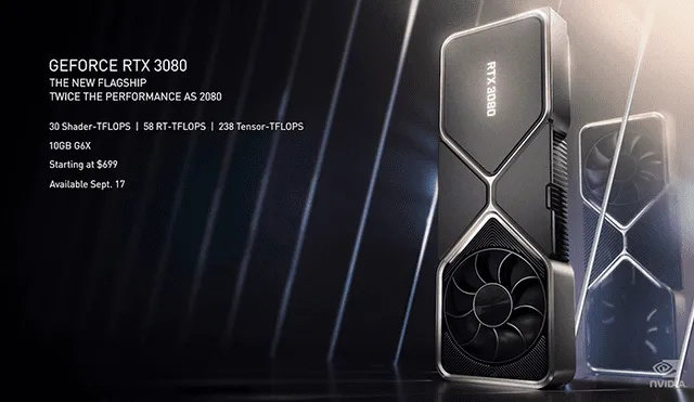 La tarjeta gráfica NVIDIA GeForce RTX 3080 saldrá a la venta el 17 de septiembre. Foto: NVIDIA.