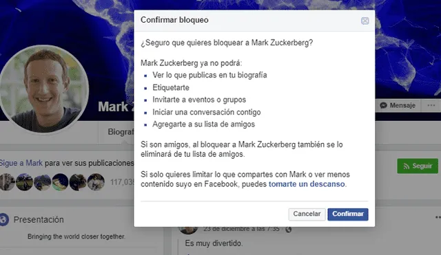 Desliza para ver lo que aparece si intentas bloquear a Mark Zuckerberg en Facebook. Foto: Captura.
