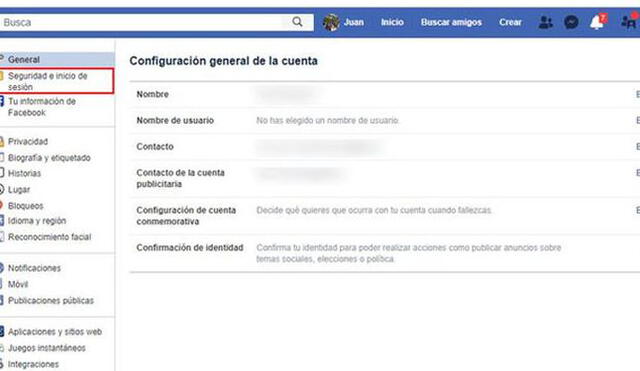 Configuración general de Facebook.
