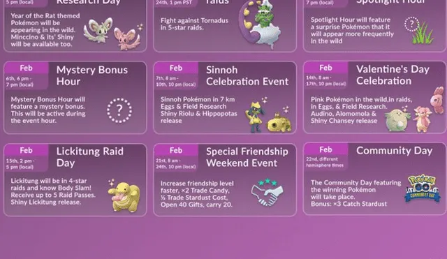 Calendario de febrero en Pokémon GO.