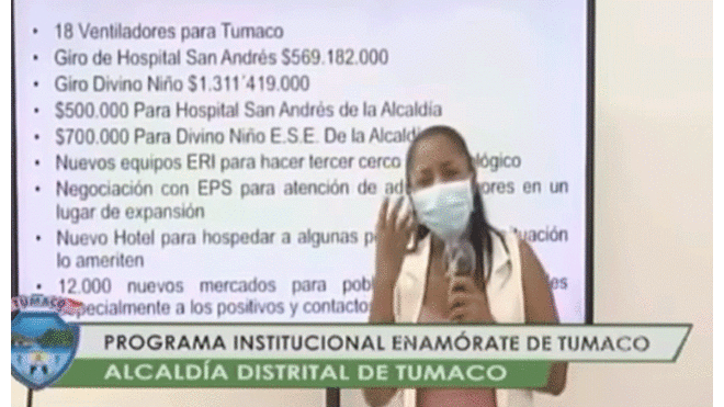 La alcaldesa pidió a sus ciudadanos emplear mascarillas en exteriores. Fuente: Alcaldía Distrital de Tumaco.
