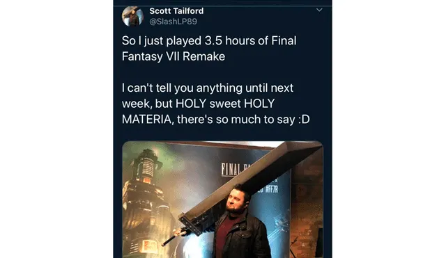 Lo mismo con un tuit de otro influencer que habría asistido a las sesiones de juego cerradas para Final Fantasy VII Remake.