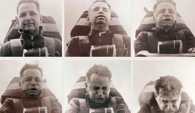 John Stapp investigaba los efectos de la aceleración y desaceleración extrema en el cuerpo humano. Serie de fotografías durante una de sus pruebas, en 1954.